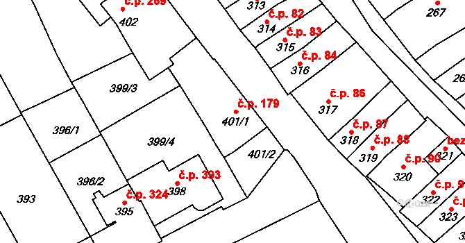 Velešovice 179 na parcele st. 401/1 v KÚ Velešovice, Katastrální mapa