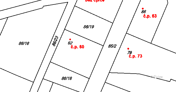 Korycany 60, Neratovice na parcele st. 62 v KÚ Korycany, Katastrální mapa