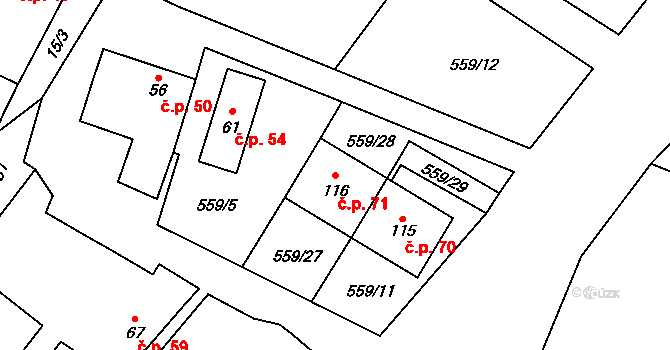 Mlýny 71 na parcele st. 116 v KÚ Mlýny u Choustníku, Katastrální mapa
