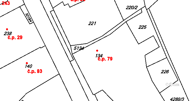 Pocinovice 79 na parcele st. 134 v KÚ Pocinovice, Katastrální mapa