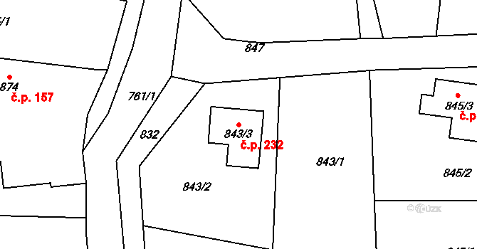 Bohuslavice 232 na parcele st. 843/3 v KÚ Bohuslavice nad Metují, Katastrální mapa