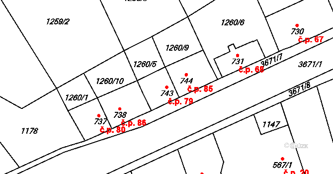 Jezbiny 79, Jaroměř na parcele st. 743 v KÚ Jezbiny, Katastrální mapa