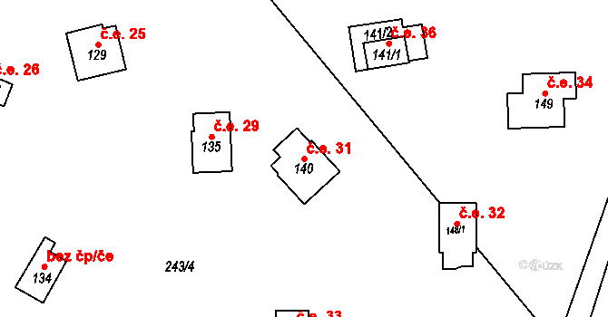 Velenov 31 na parcele st. 140 v KÚ Velenov, Katastrální mapa