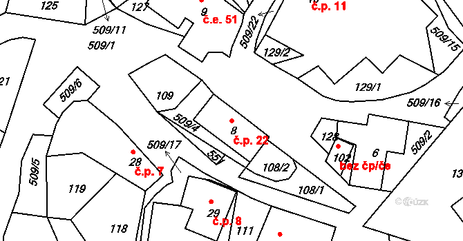 Pivonín 22, Zábřeh na parcele st. 8 v KÚ Pivonín, Katastrální mapa
