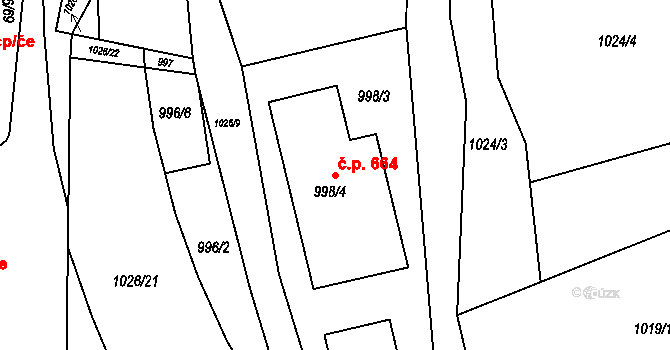 Jablůnka 664 na parcele st. 998/4 v KÚ Jablůnka, Katastrální mapa