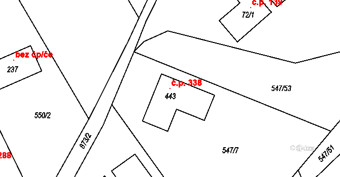 Unčín 338, Krupka na parcele st. 443 v KÚ Unčín u Krupky, Katastrální mapa