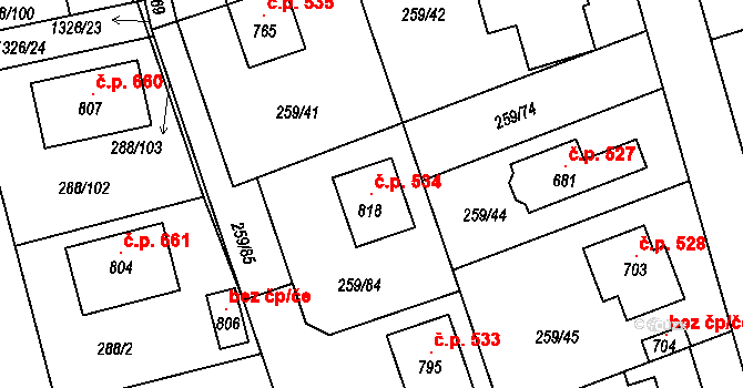 Vysoká nad Labem 534 na parcele st. 818 v KÚ Vysoká nad Labem, Katastrální mapa