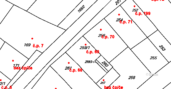 Postoupky 69, Kroměříž na parcele st. 259/1 v KÚ Postoupky, Katastrální mapa