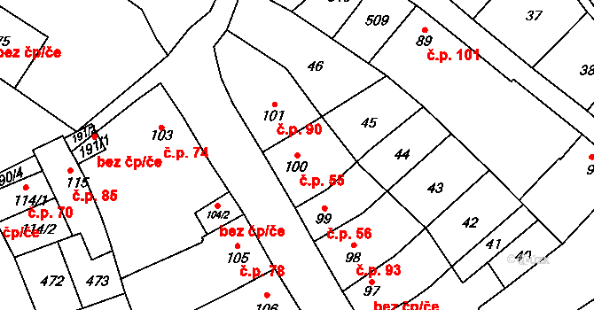 Těšnovice 55, Kroměříž na parcele st. 100 v KÚ Těšnovice, Katastrální mapa