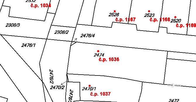 Rakšice 1036, Moravský Krumlov na parcele st. 2474 v KÚ Moravský Krumlov, Katastrální mapa