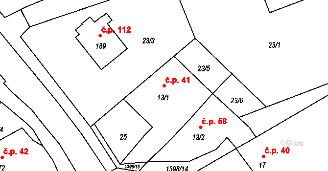 Olšovec 41 na parcele st. 13/1 v KÚ Olšovec, Katastrální mapa