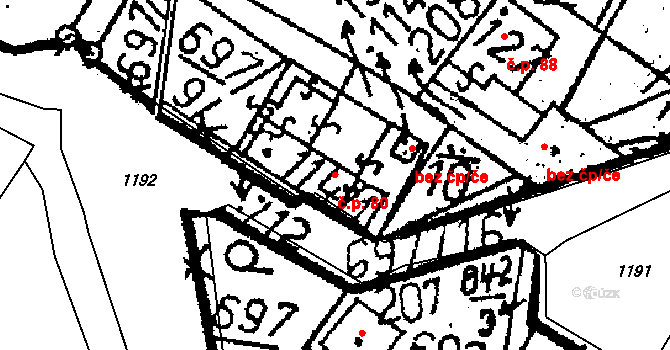 Vlkaneč 80 na parcele st. 114/1 v KÚ Vlkaneč, Katastrální mapa