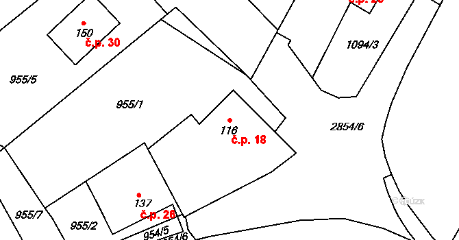 Kolný 18, Lišov na parcele st. 116 v KÚ Kolný, Katastrální mapa