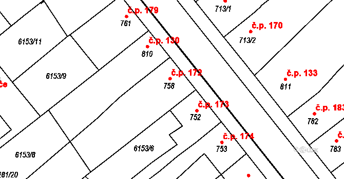 Telč-Štěpnice 172, Telč na parcele st. 758 v KÚ Telč, Katastrální mapa