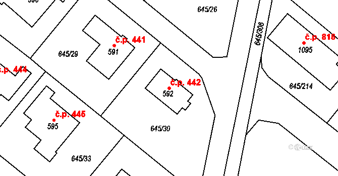 Líbeznice 442 na parcele st. 592 v KÚ Líbeznice, Katastrální mapa