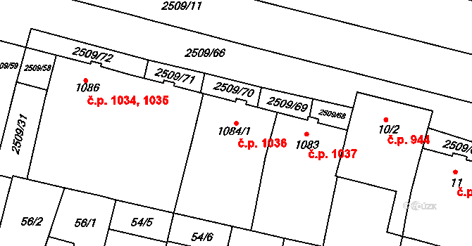 Kyjov 1036 na parcele st. 1084/1 v KÚ Kyjov, Katastrální mapa