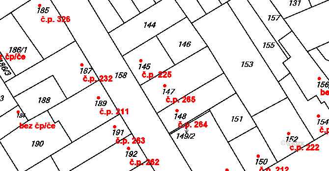 Rousínov 265 na parcele st. 147 v KÚ Rousínov u Vyškova, Katastrální mapa