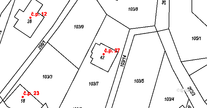 Ploužnice 27, Lomnice nad Popelkou na parcele st. 42 v KÚ Ploužnice pod Táborem, Katastrální mapa