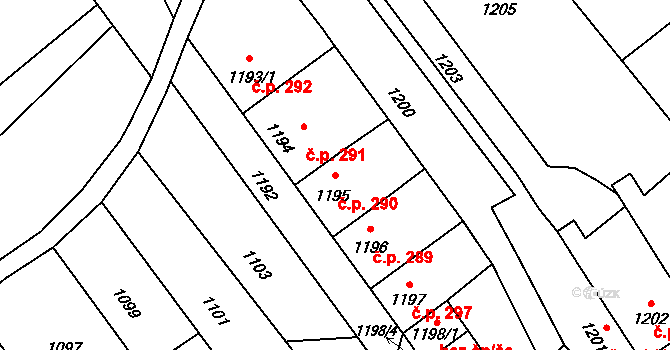 Velká Bystřice 290 na parcele st. 1195 v KÚ Velká Bystřice, Katastrální mapa