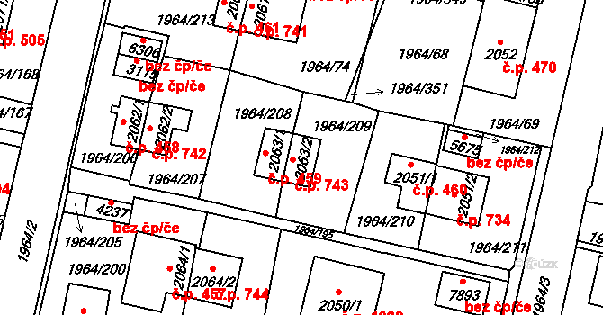 Borovina 743, Třebíč na parcele st. 2063/2 v KÚ Třebíč, Katastrální mapa