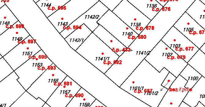 Pelhřimov 692 na parcele st. 1141/1 v KÚ Pelhřimov, Katastrální mapa