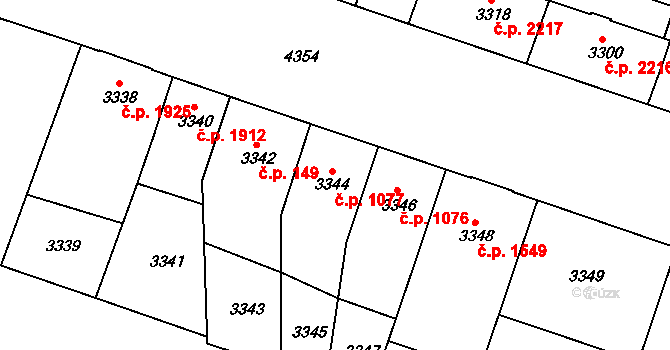 Teplice 1077 na parcele st. 3344 v KÚ Teplice, Katastrální mapa