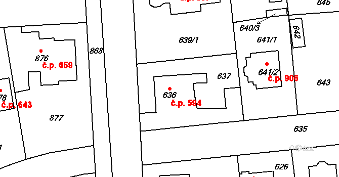 Šeberov 594, Praha na parcele st. 636/1 v KÚ Šeberov, Katastrální mapa