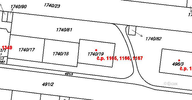Hostivař 1165,1166,1167, Praha na parcele st. 1740/17 v KÚ Hostivař, Katastrální mapa