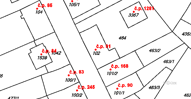 Sezimovo Ústí 91 na parcele st. 102/3 v KÚ Sezimovo Ústí, Katastrální mapa