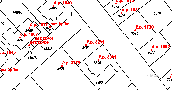 Chomutov 3291 na parcele st. 3400 v KÚ Chomutov I, Katastrální mapa