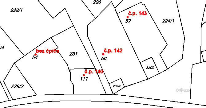 Chedrbí 142, Krchleby na parcele st. 56 v KÚ Chedrbí, Katastrální mapa