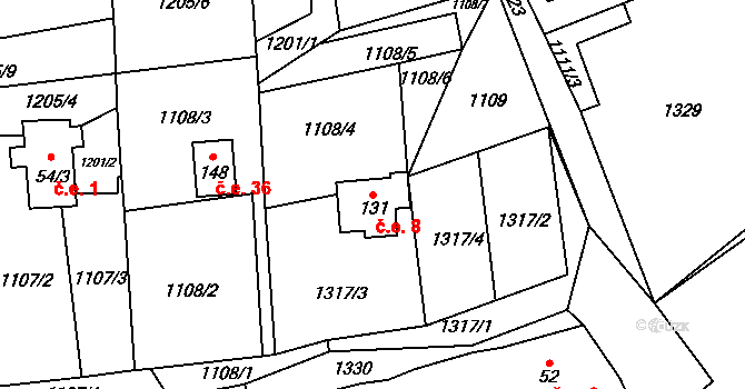Kundratice 8, Hlinná na parcele st. 131 v KÚ Tlučeň, Katastrální mapa