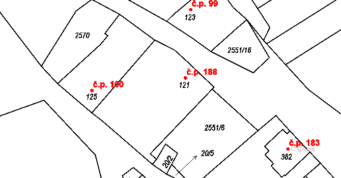 Horní Věstonice 188 na parcele st. 121 v KÚ Horní Věstonice, Katastrální mapa