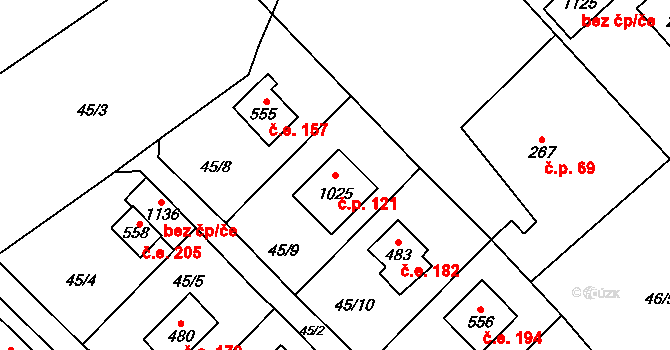 Čtyřkoly 121 na parcele st. 1025 v KÚ Čtyřkoly, Katastrální mapa