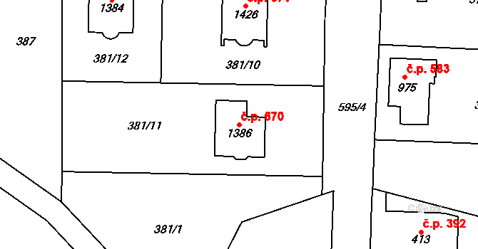 Rosice 670, Pardubice na parcele st. 1386 v KÚ Rosice nad Labem, Katastrální mapa