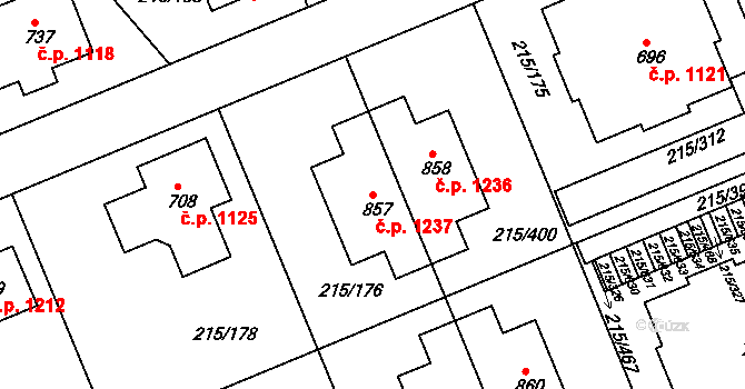 Rudná 1237 na parcele st. 857 v KÚ Hořelice, Katastrální mapa