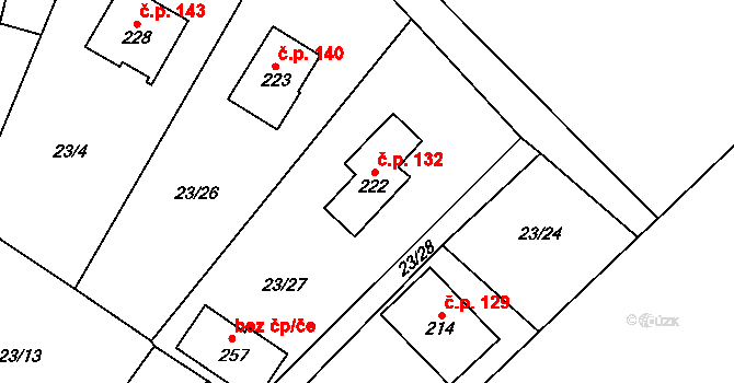 Čeminy 132 na parcele st. 222 v KÚ Čeminy, Katastrální mapa