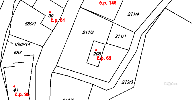 Rožany 62, Šluknov na parcele st. 208 v KÚ Rožany, Katastrální mapa