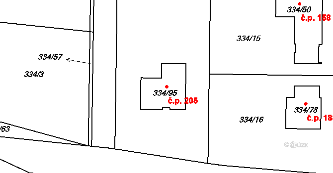 Malesice 205, Plzeň na parcele st. 334/95 v KÚ Malesice, Katastrální mapa