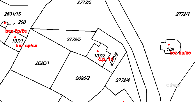 Valov 11, Podbořany na parcele st. 107/2 v KÚ Valov, Katastrální mapa
