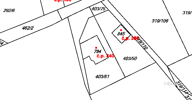 Vyžlovka 340 na parcele st. 794 v KÚ Vyžlovka, Katastrální mapa