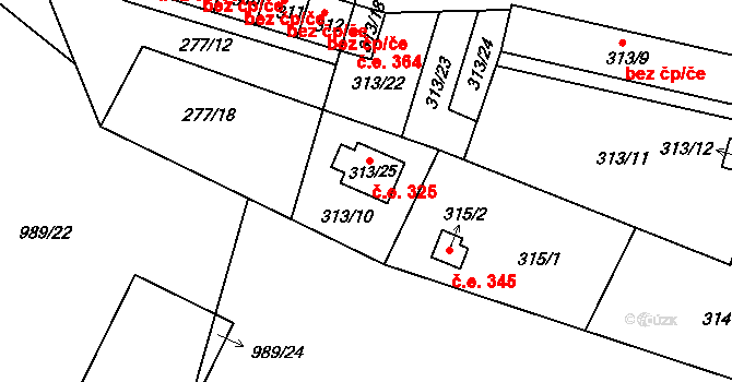 Chlumec 325 na parcele st. 313/25 v KÚ Chlumec u Chabařovic, Katastrální mapa