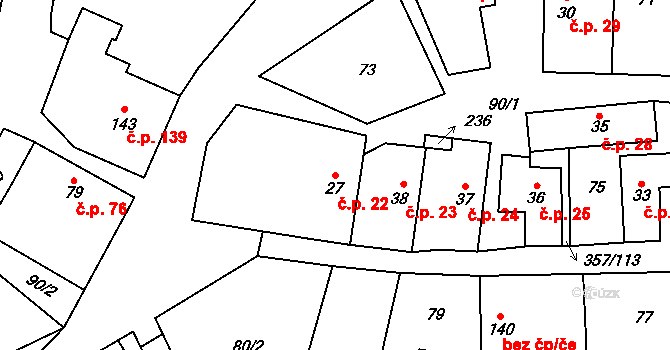 Řestoky 22 na parcele st. 27 v KÚ Řestoky, Katastrální mapa
