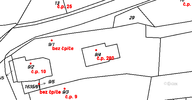 Želeč 280 na parcele st. 9/4 v KÚ Želeč u Tábora, Katastrální mapa