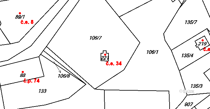 Zvíkovec 34 na parcele st. 221 v KÚ Zvíkovec, Katastrální mapa