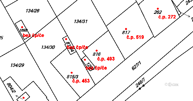 Rosice 493, Pardubice na parcele st. 816 v KÚ Rosice nad Labem, Katastrální mapa