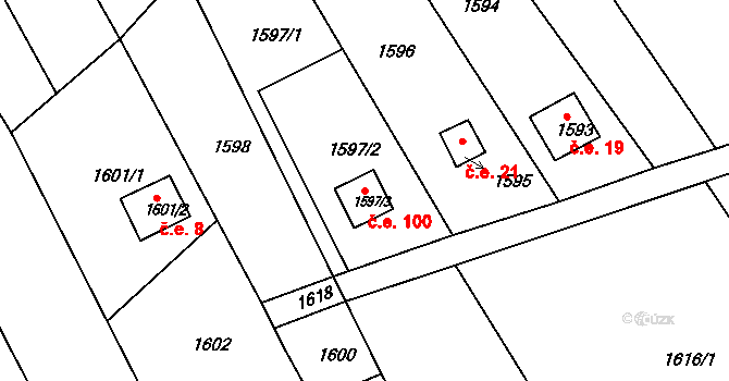 Černá Hora 100 na parcele st. 1597/3 v KÚ Černá Hora, Katastrální mapa
