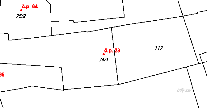 Palonín 23 na parcele st. 74/1 v KÚ Palonín, Katastrální mapa