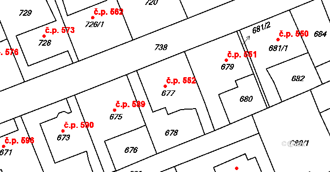 Příbor 552 na parcele st. 677 v KÚ Příbor, Katastrální mapa