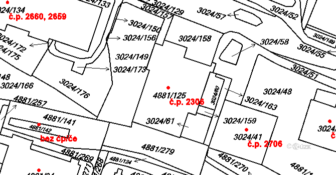 Louny 2306 na parcele st. 4881/125 v KÚ Louny, Katastrální mapa